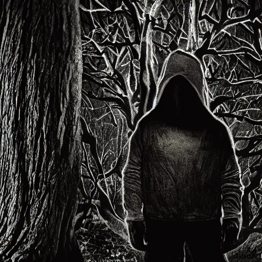 Image similar to A dark creepy man with bright eyes hiding behind a tree in the woods at night staring, closeup