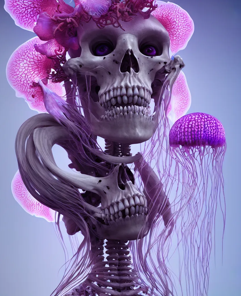 Image similar to goddess close - up portrait human skeleton, ram skull, jellyfish, orchid, betta fish, bioluminiscent, intricate artwork by tooth wu and wlop and beeple. octane render, trending on artstation, greg rutkowski very coherent symmetrical artwork. cinematic, hyper realism, high detail, octane render, 8 k