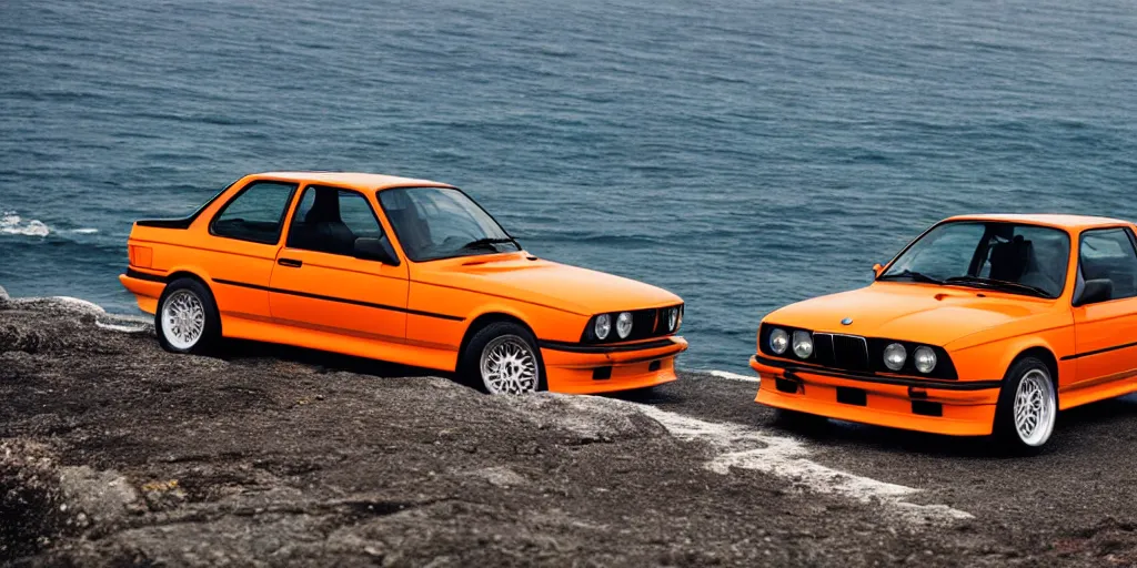 Image similar to orange bmw e30 m3 driving off a cliff into the ocean