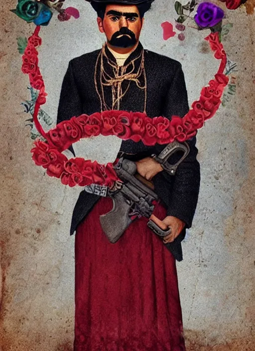 Prompt: Emiliano zapata in Frida Kahlo style