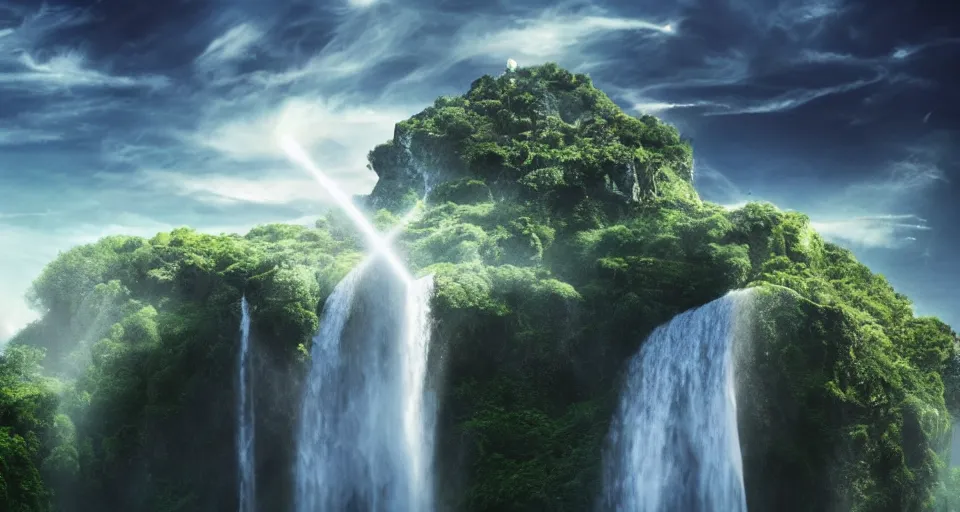 Image similar to A magnificent floating island in the sky above the sea, defying gravity, waterfall falling down, epic lighting, epic composition, cinematic, highly detailed, 4k