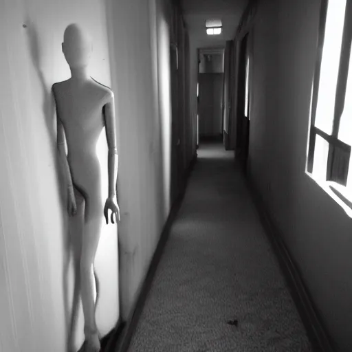 Image similar to creepy hotel hallway with a mannequin, liminal space, trail cam photo