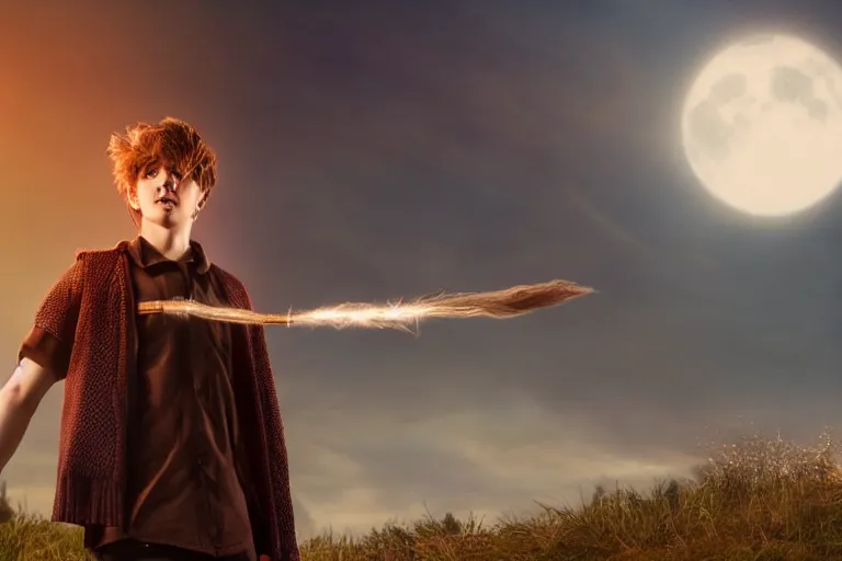 Prompt: a young adult wizard with very realistic face and hair points their wand from which a blast of bright magic flies from the end, on an empty moonlit hill, dramatic lighting, lens flare, cinematic photography