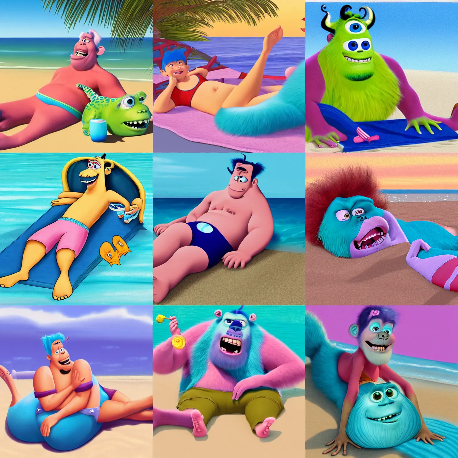 Prompt: a realistic cartoon illustration of sully from monsters inc lounging at the beach.
