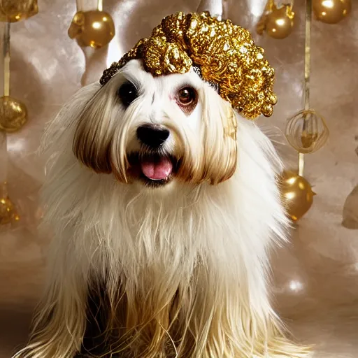 Image similar to a cream - colored havanese dog wearing a slinky metallic dress with ornate midcentury geometric gold headpiece, resting against a small marble pedestal with flowers loosely arranged, sultry look, gold curtain background, magazine photo by david lachapelle