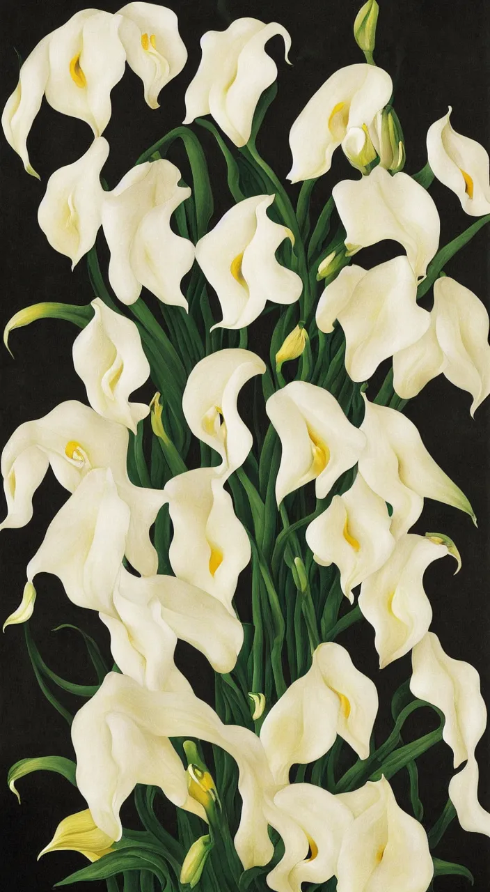 Image similar to portrait of a cream colored havanese dog with a bouquet of calla lillies, mexico, painting by diego rivera realism 1 9 3 5