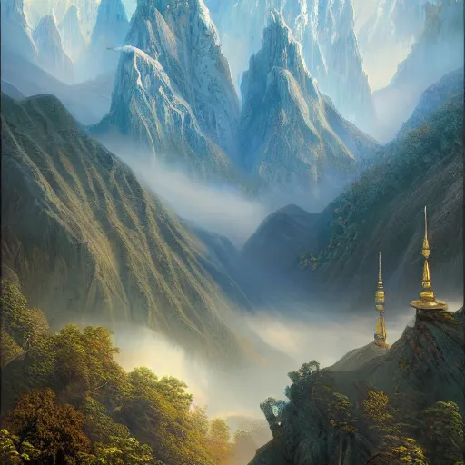 Image similar to a beautiful and highly detailed digital art of nepal in science fiction movie, detailed high buildings and rockets, forgotten valley, swirling mist, lush forests, intricate details, epic scale, insanely complex, 8 k, sharp focus, hyper realism, fantasy landscape, psychedelic, by caspar friedrich,