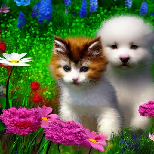 Prompt: fluffy puppies and kittens playing in the flower garden, deep dream, digital art, hyperealism, textured 3 d, photorealistic, concept art, intense detail, art station, 4 k