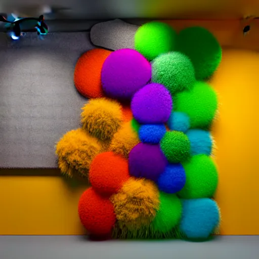 Prompt: : colorful abstract fuzzy sculpture art on the wall in modern architecture studio high luxury, cinematic lighting, hyper - realistic, detailed, render by c 4 d octane, unreal engine, 8 k 3 d render