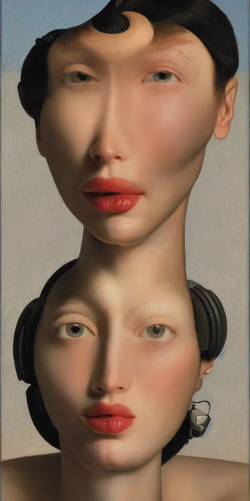 Prompt: a super intelligent computer being born out of the top of the head of a beautiful androgynous cyborg by john currin