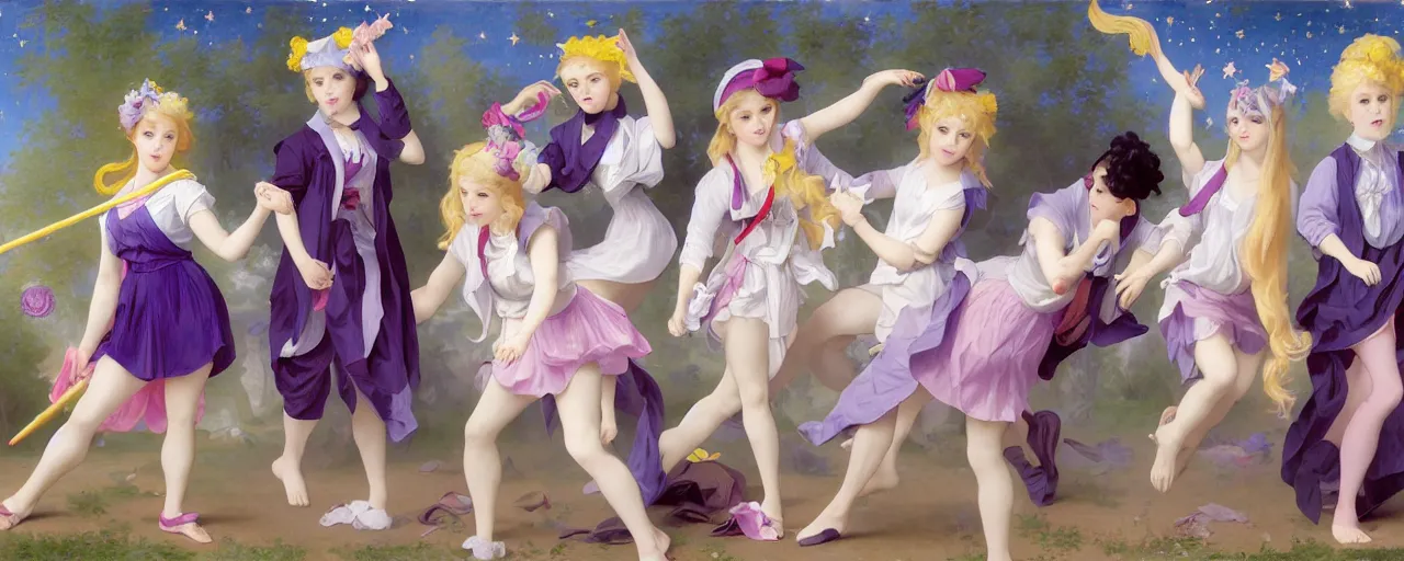 Image similar to A character sheet of full body cute magical girls with short blond hair wearing an oversized purple Beret, Purple overall shorts, Short Puffy pants made of silk, pointy jester shoes, a big billowy scarf, and white leggings. Rainbow accessories all over. Flowing fabric. Covered in stars. Short Hair. Art by Johannes Helgeson and william-adolphe bouguereau and Paul Delaroche and Alexandre Cabanel and Lawrence Alma-Tadema and WLOP and Artgerm. Fashion Photography. Decora Fashion. harajuku street fashion. Kawaii Design. Intricate, elegant, Highly Detailed. Smooth, Sharp Focus, Illustration Photo real. realistic. Hyper Realistic. Sunlit. Moonlight. Dreamlike. Fantasy Concept Art. Surrounded by clouds. 4K. UHD. Denoise.