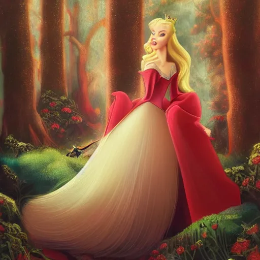 Image similar to A detailed painting of Princess Aurora singing in the woods while animals look on. The colors are light and airy, with a hint of mystery in the shadows. The overall effect is dreamlike and fairy-tale like. warm red, Prada by Leiji Matsumoto control the soul, fantastic