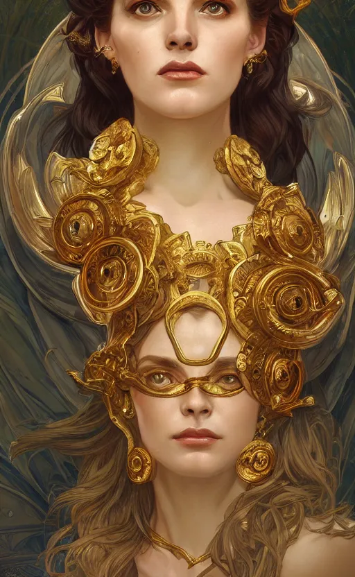 Image similar to portrait of circe, greek mythology, goddess, golden crown and outfit, intricate, headshot, highly detailed, digital painting, artstation, concept art, sharp focus, cinematic lighting, illustration, art by artgerm and greg rutkowski, alphonse mucha, cgsociety