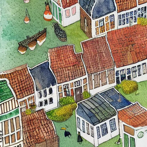 Image similar to a building in a typical dutch village. isometric aerial view. whimsical watercolor illustration by anton pieck. very detailed