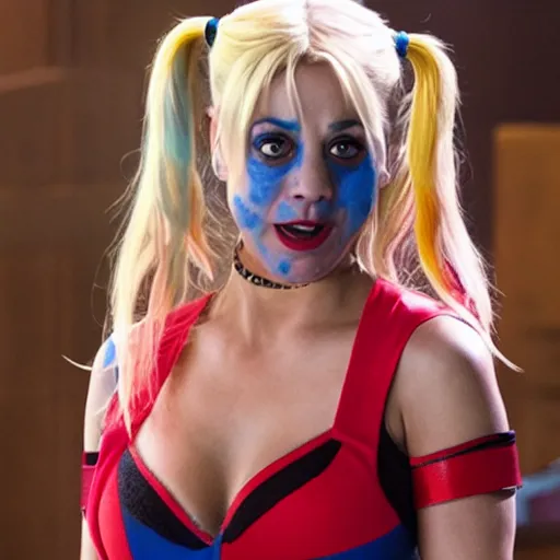 Image similar to A still of Kaley Cuoco as Harley Quinn