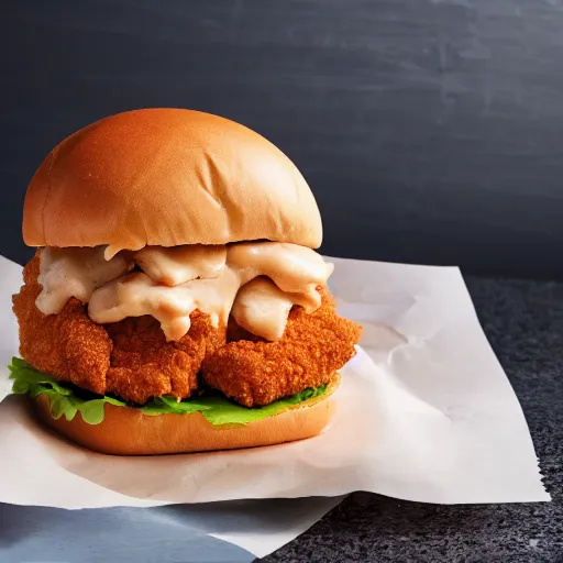 Image similar to a kfc chicken sandwich slathered in sauce, 4 k product photo