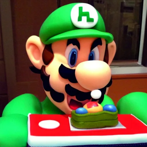 Image similar to Mario eating a cake shaped like Luigi