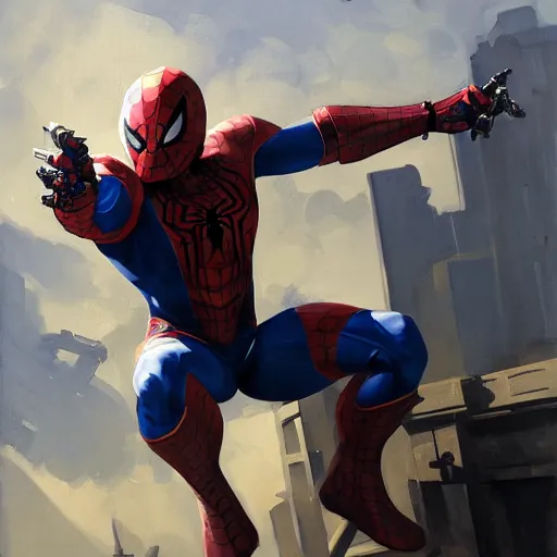 Image similar to greg manchess portrait painting of armored spiderman as overwatch character, medium shot, asymmetrical, profile picture, organic painting, sunny day, matte painting, bold shapes, hard edges, street art, trending on artstation, by huang guangjian, gil elvgren, ruan jia, greg rutkowski, gaston bussiere