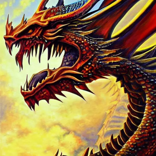 Image similar to dragon head painting, fantasy style, highly detailed, intense