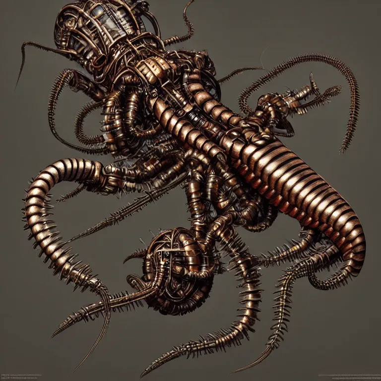Prompt: steampunk cybernetic biomechanical scolopendra, 3 d model, unreal engine realistic render, 8 k, micro detail, intricate, elegant, highly detailed, centered, digital painting, artstation, smooth, sharp focus, illustration, artgerm, tomasz alen kopera, wlop