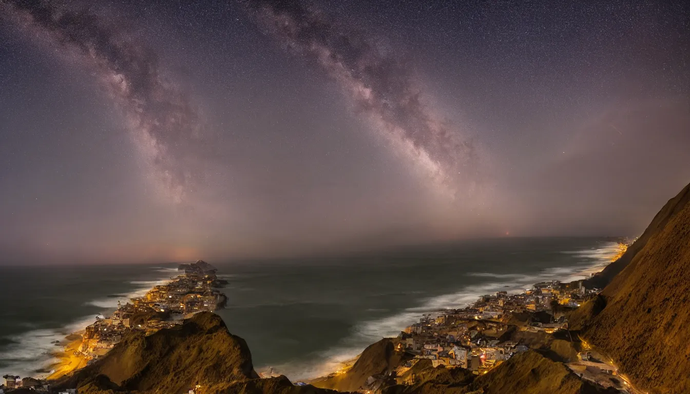 Image similar to coast of Lima, Peru at dusk with a Milky Way sky photographed in 4K, photorealistic