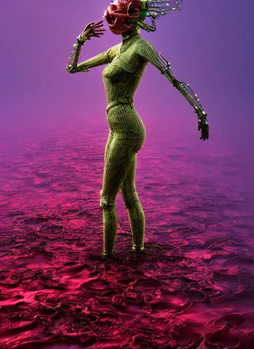 Image similar to hyper detailed 3d render like a sculpture - profile subsurface scattering (a beautiful fae princess gas mask protective playful expressive from that looks like a borg queen wearing a vintage pannier ball gown) seen red carpet photoshoot in UVIVF posing in pool of turbulent water to breathe of the Strangling network of yellowcake aerochrome and milky clouds of Fruit and His delicate Hands hold of gossamer polyp blossoms bring iridescent fungal flowers whose spores black the foolish stars by Jacek Yerka, Ilya Kuvshinov, Mariusz Lewandowski, Houdini algorithmic generative render, golen ratio, Abstract brush strokes, Masterpiece, Victor Nizovtsev and James Gilleard, Zdzislaw Beksinski, Tom Whalen, Mark Ryden, Wolfgang Lettl, Grant Wood, octane render, 8k, maxwell render, siggraph