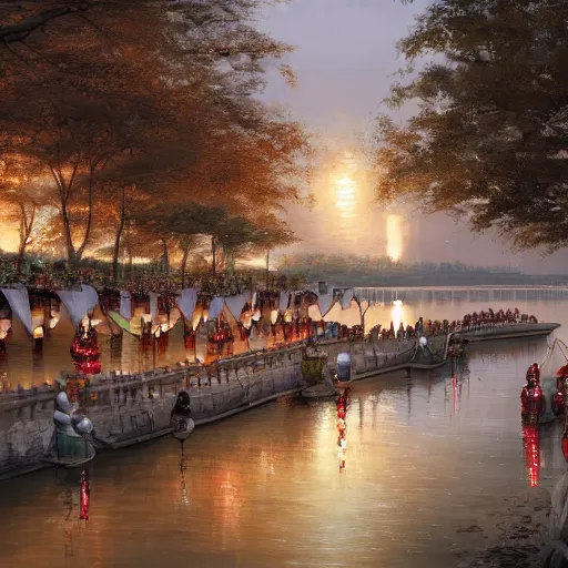 Image similar to concept art, river lanterns on the eve of ullambana festival, high resolution, by james gurney, king sejong, yi jeong, yi jing, artstation