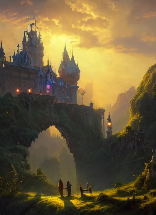 Prompt: a beautiful and highly ornamented fantasy castle with lovely arches and bridges at sunset, cinematic view, epic sky, detailed, concept art, low angle, high detail, warm lighting, volumetric, godrays, vivid, beautiful, trending on artstation, by jordan grimmer, huge scene, grass, art greg rutkowski and alphonse mucha