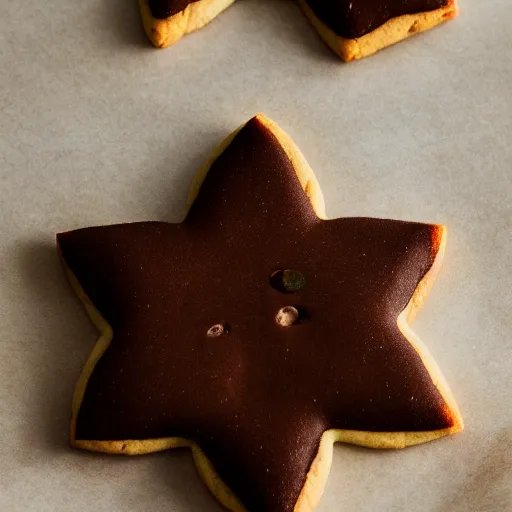 Prompt: close view of a 5 pointed star shaped chocolate chip cookie, warm dim light