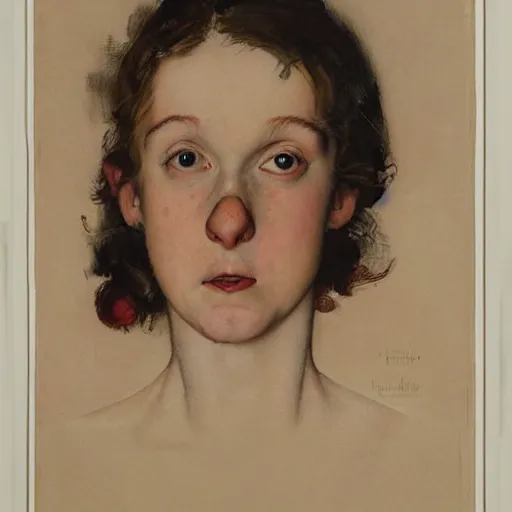 Prompt: a beautiful portrait by Norman Rockwell of a frazzled university student with pale skin, large, tired eyes and a frantic expression on their face