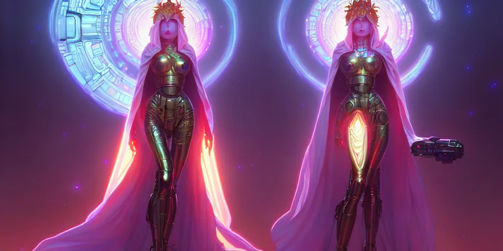 Prompt: ultra detailed female android deity, wearing a cloak, ethereal flowerpunk, scifi, fantasy, cyberpunk octane render, unreal engine, asymmetrical!!! intricate concept art, triadic color, art by artgerm and greg rutkowski and alphonse mucha, 8 k