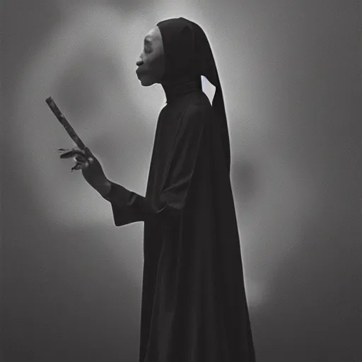 Image similar to a black nun smoking a joint and puffing lots of smoke, by Beksinski, lens flares, minimalistic background