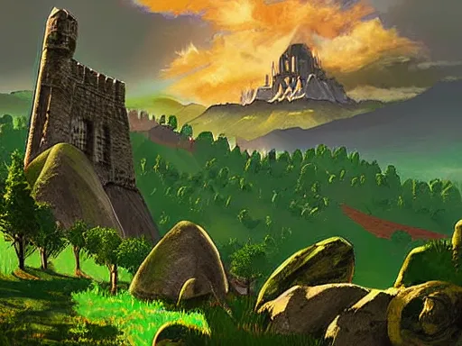 Prompt: a massive stone castle towering over a luscious green valley, breath of the wild, digital art,