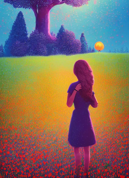 Prompt: girl with flower as a face, flower dress, standing in a flower field, big trees, sunrise dramatic light, impressionist painting, colorful clouds, digital painting, pointillism, artstation, simon stalenhag