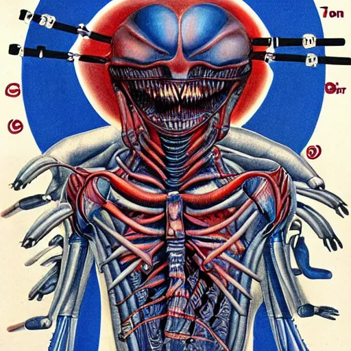 Prompt: anatomically correct diagram of alien, quadruped, h. r. giger, red and blue, 8 feet fall, monstrous, fiendish, high detail, cinematic, wes anderson