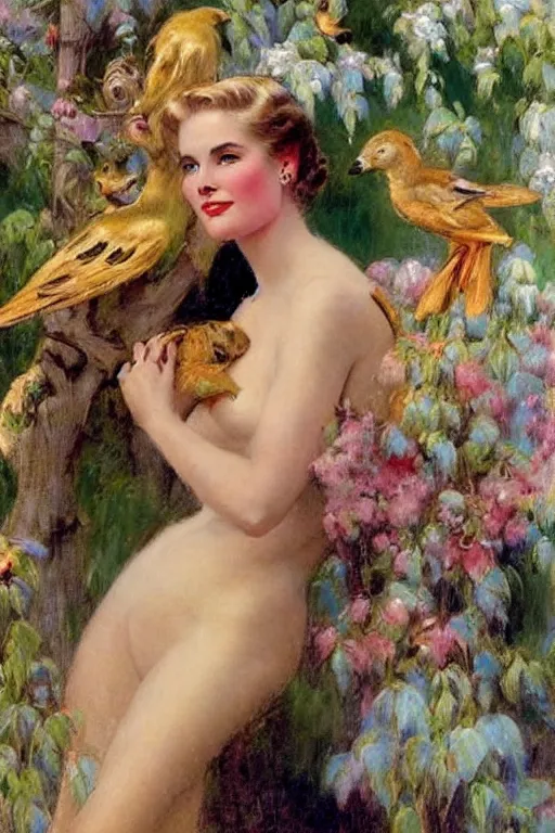 Image similar to Grace Kelly explaining the birds and the bees in the style of Gaston Bussière, art nouveau, art deco