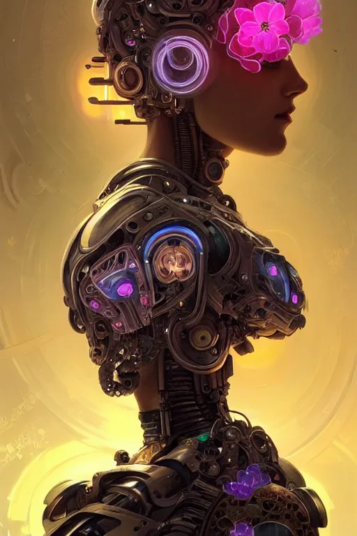 Image similar to beautiful female mechanical android!, half portrait, neon flowers, intricate detailed environment, photorealistic!, floro details, intricate, elegant, highly detailed, digital painting, artstation, concept art, smooth, sharp focus, illustration, art by artgerm and greg rutkowski and alphonse mucha