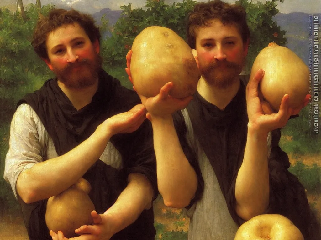 Prompt: irish man holding a big potato, bouguereau