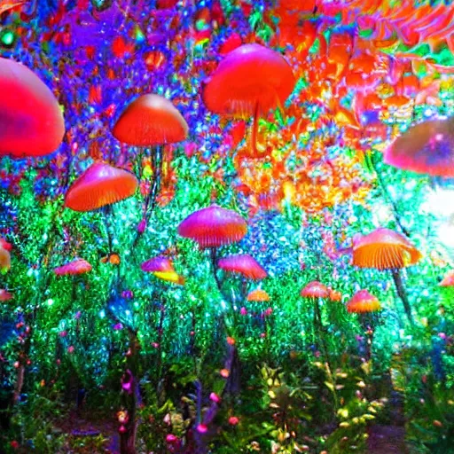 Prompt: jello Mushrooms covering the inside of prismatic jungle, fairy dust in the air