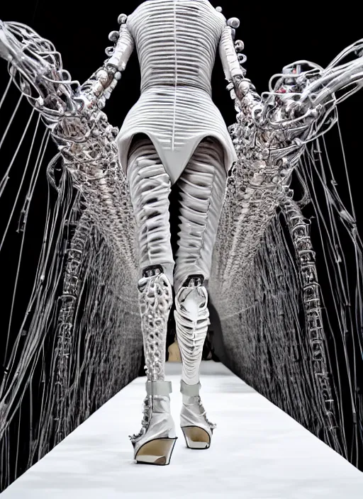 Prompt: walking down the catwalk, steven klein, show, stage, vogue photo, podium, fashion show photo, historical baroque dress, iris van herpen, beautiful woman, full body shot, masterpiece, inflateble shapes, alien, plant predator, guyver, jellyfish, wires, veins, white biomechanical details, wearing epic bionic cyborg implants, highly detailed