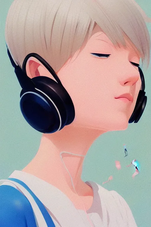 Prompt: a cute young woman listening to music with her eyes closed and wearing headphones in the style of Ilya Kuvshinov and Range Murata, white bob cut hair, blue filter, blue and white, vivid colors, soft lighting, cinematic, moody, oil on canvas by Krenz Cushart, 8k