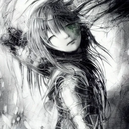 Image similar to yoshitaka amano blurred!!! and dreamy illustration of an anime girl with wavy white hair and cracks on her face wearing elden ring armor with the cape fluttering in the wind, abstract black and white patterns on the background, noisy film grain! effect, highly detailed, renaissance oil painting, weird portrait angle