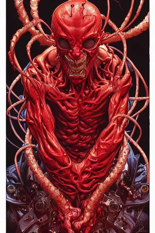 Image similar to the platonic ideal of cletus kasady carnage, detailed, intricate, hyperrealism, intense, scary by artgerm and greg rutkowski and alphonse mucha