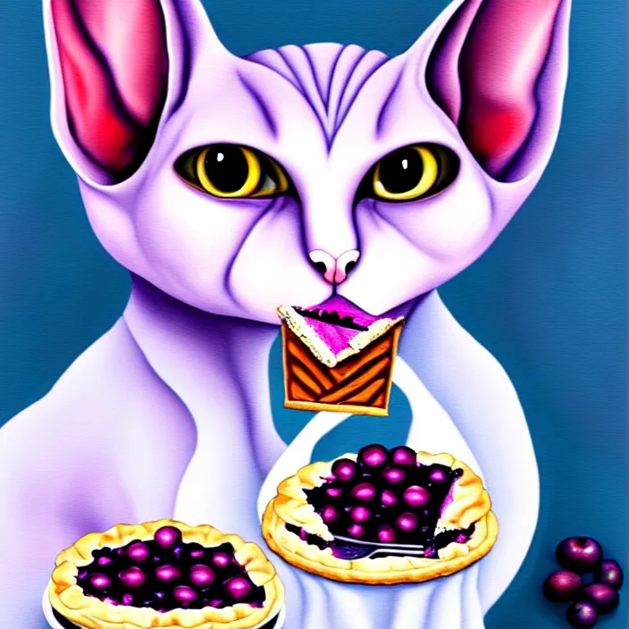 Image similar to an anthropomorphic sphynx cat fursona with big eyes eating a slice of blueberry pie, furry art, cute, oil on canvas, soft lighting