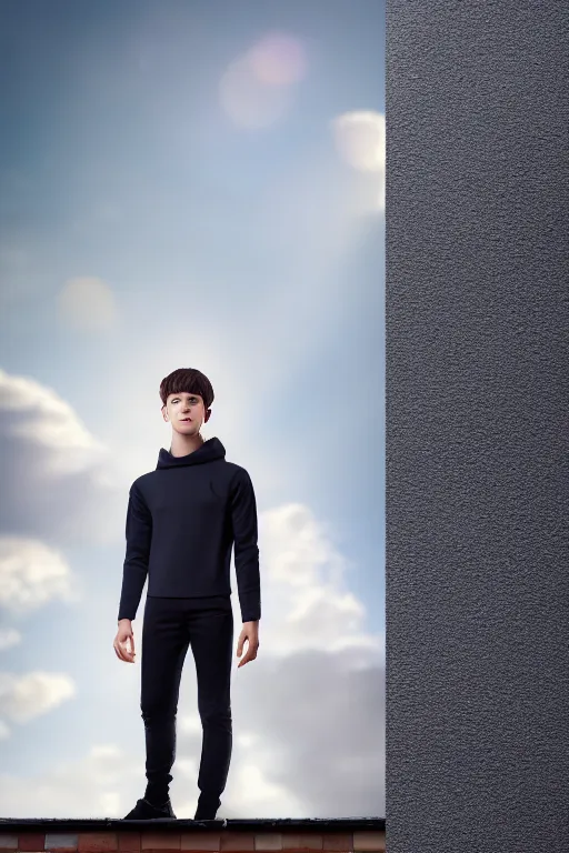 Image similar to un ultra high definition studio quality photographic art portrait of a young man standing on the rooftop of a british apartment building wearing soft padded silver pearlescent clothing. three point light. extremely detailed. golden ratio, ray tracing, volumetric light, shallow depth of field. set dressed.