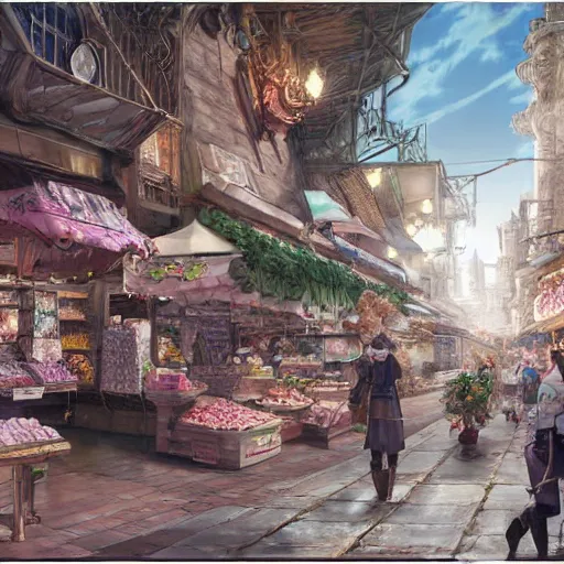 Prompt: concept art of aerith gainsborough in wall market of don corneo, highly detailed, trending on artstation