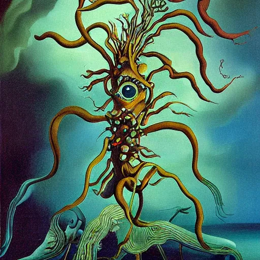 Image similar to deep sea plant life creature, surreal painting, dali style,