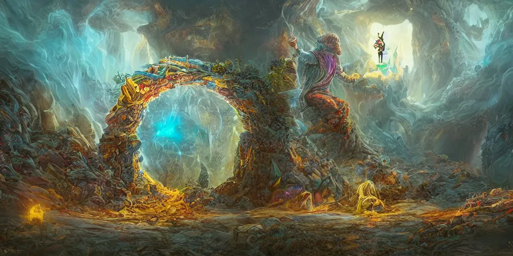 Prompt: A wizard summoning a portal to another land, hyper-detailed, intricate, colorful, wide angle, beautiful, fantasy, concept art