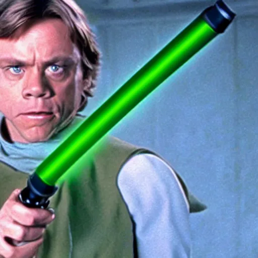 Prompt: a still from a film featuring clean shaven mark hamill as jedi master luke skywalker, holding a green lightsaber by the hilt, full body, 3 5 mm, directed by steven spielberg, 1 9 9 4