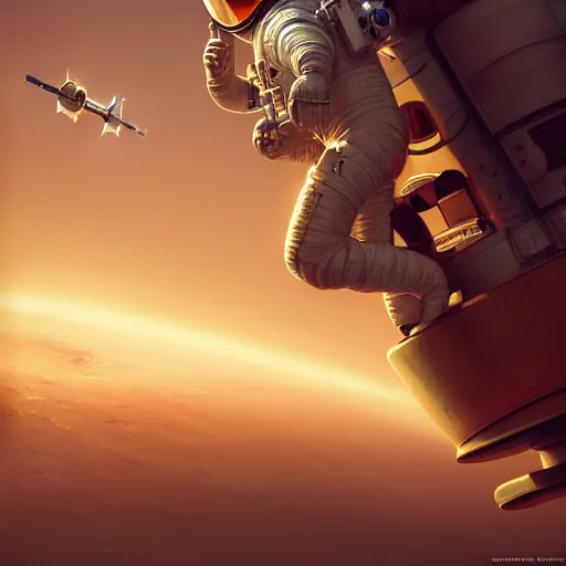 Image similar to centered portrait of the Astronaut riding on top of a rocket, realistic concept, light atmosphere, golden ratio, wide shot, cinematic lighting, hyperdetailed, high detailed, high resolution, insanely detailed and intricate, artstation, Marc Simonetti, Greg Rutkowski, octane render, unreal engine, 8k